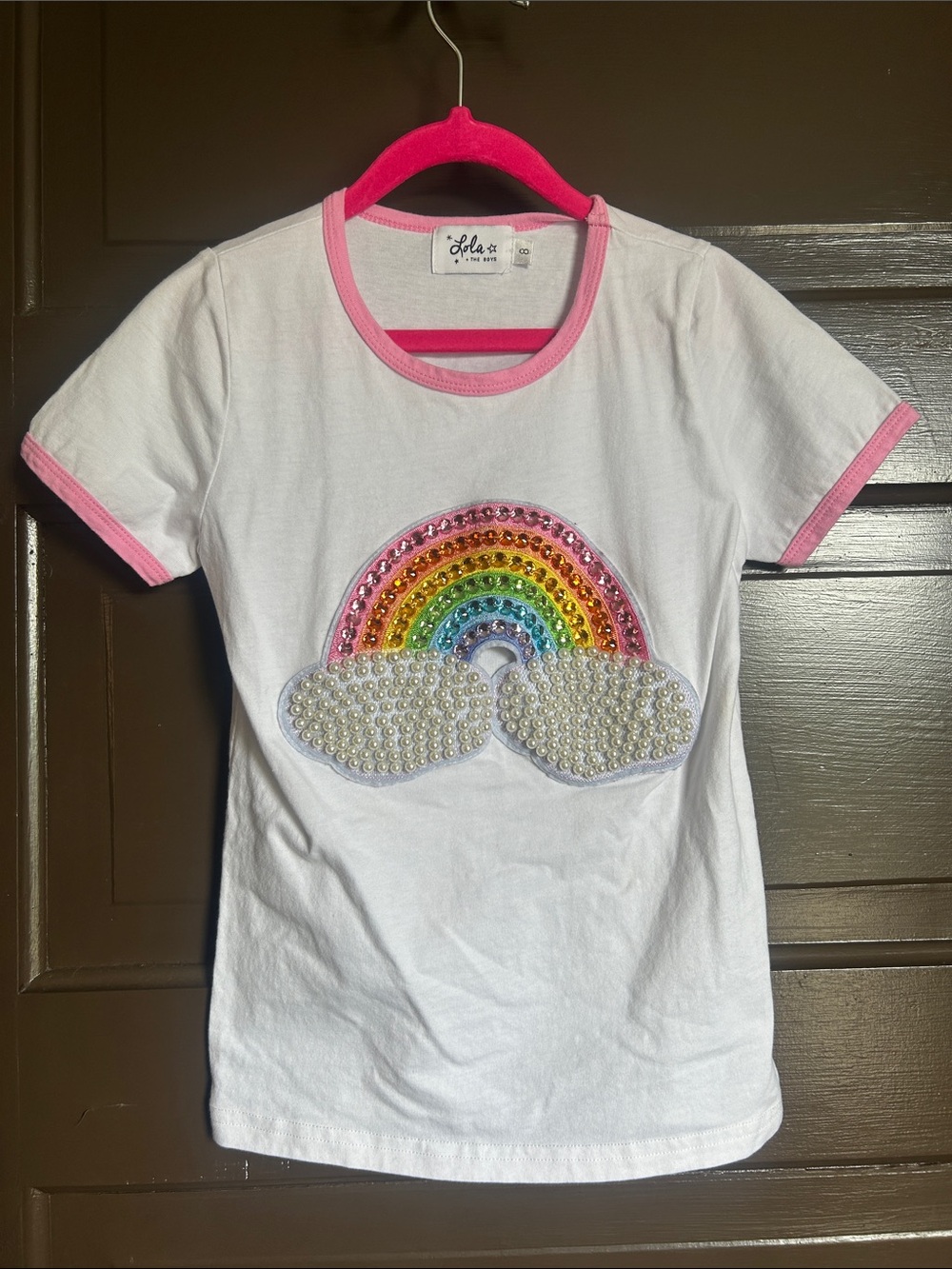 Lola + The Boys White Tee with Pink Trim & Sequin Rainbow